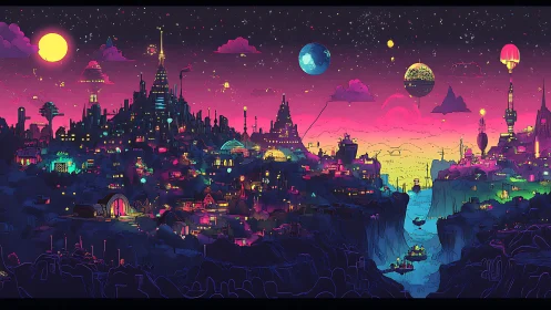 Neon dystopian canyon metropolis under dual planetary skyscape