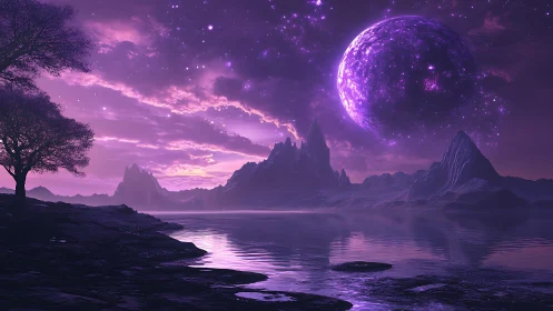 Purple alien coastline under giant glowing planet at night.