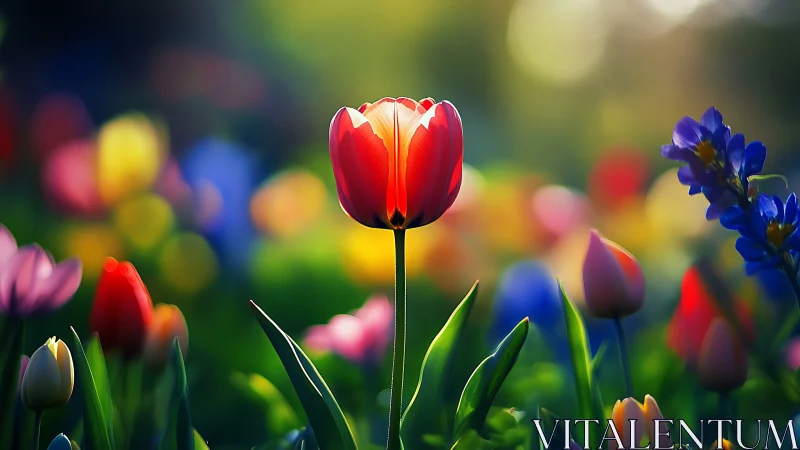 Vibrant Red Tulip in Soft Focus Garden Setting.