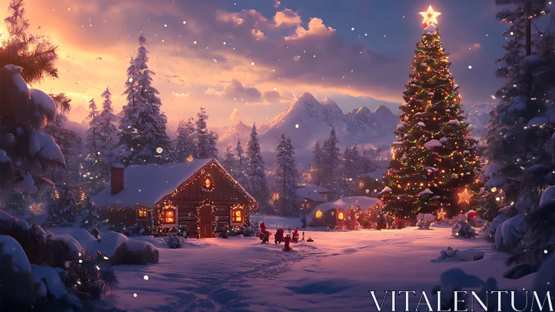 Snowy cabin and huge Christmas tree at sunset in winter