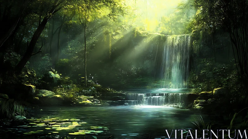 Sunlit forest waterfall descends into tranquil reflective pool