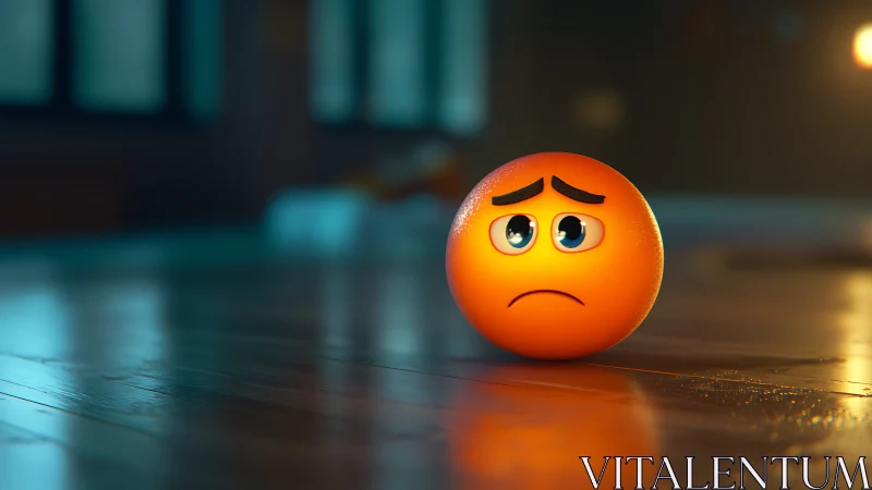 Orange 3D emoji sphere with sad face on reflective floor.