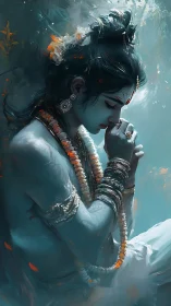 Silent blue deity in meditative bloom of light and garlands.