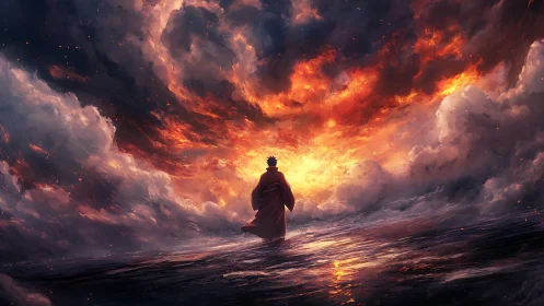Lone robed figure confronts a blazing, storm-torn sky