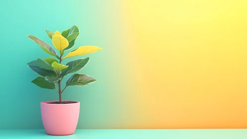 Minimal potted plant against teal to yellow gradient wall.