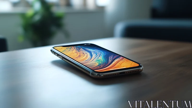 Photorealistic smartphone close-up on wooden tabletop surface.