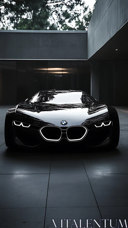BMW concept supercar stands in a sleek modern courtyard.