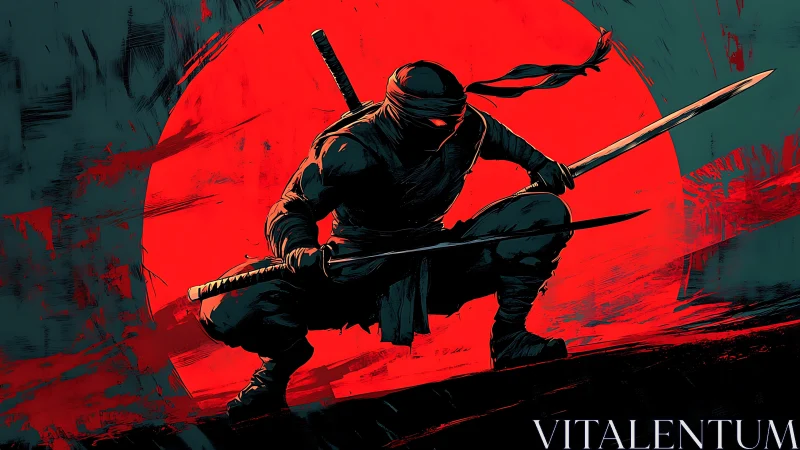 Silhouetted ninja figure crouches before textured red sun