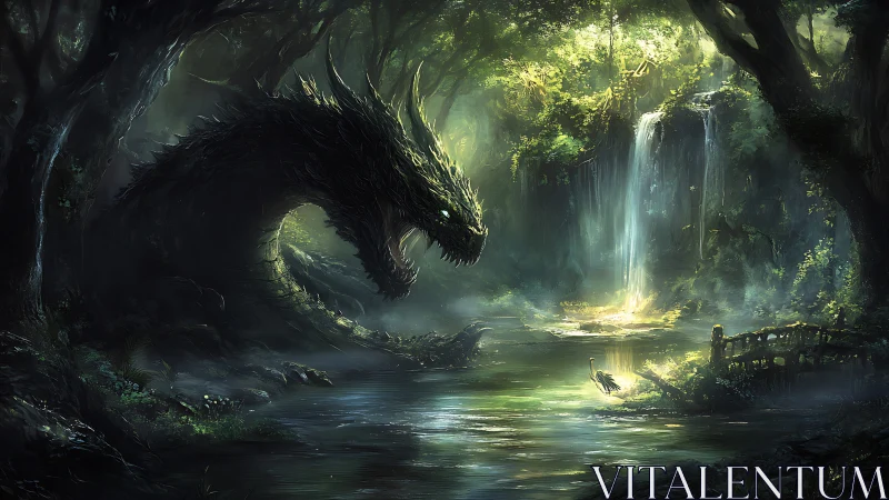 Mythic forest dragon confronts heron by luminous waterfall pool