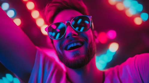 Neon club portrait captures carefree joy in vivid lights