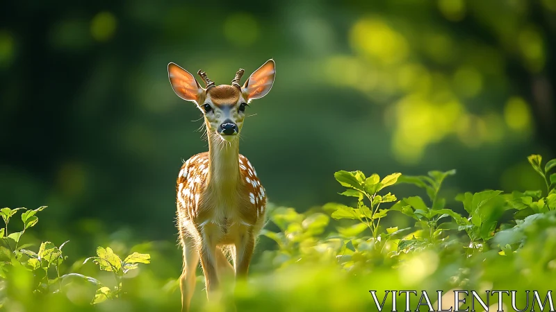 Young spotted deer stands alert in sunlit green forest