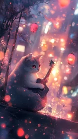 Cat holding guitar amid lanterns in soft city lights.