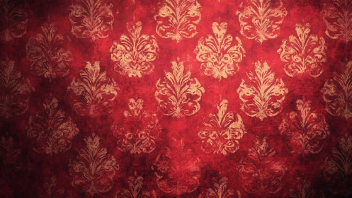 Aged red damask wallpaper with distressed golden ornamental repeats.