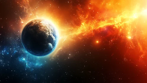 Planet glows against blazing nebula in deep cosmic space.