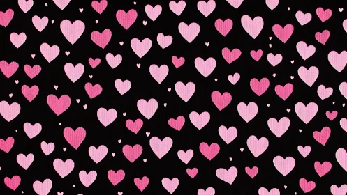 Scattered Pink Hearts on Black Background with Varying Opacity Gradients