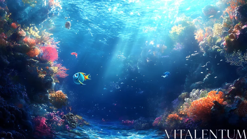 Sunlit coral canyon with curious cartoon reef fish parade.