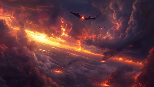 Drones flying through massive solar flare explosion and fire clouds