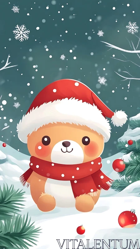 Cartoon animal in winter landscape wears red scarf and hat