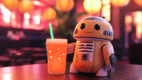 Cute orange robot sharing glowing drink in neon cafe.