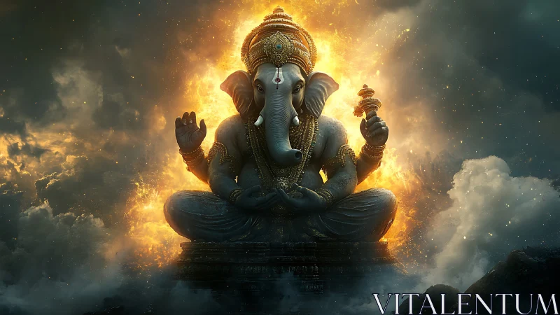 Radiant elephant-headed deity sits calm within glowing fire halo
