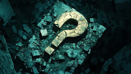 Mystery glows gently from a cracked question mark in ruins