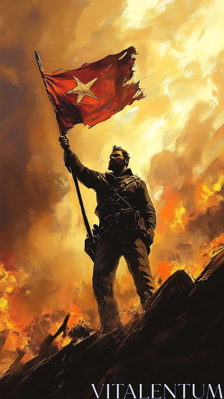 Revolutionary soldier holding tattered red star banner.