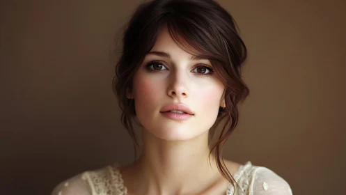 Neutral portrait of young woman against plain brown background.