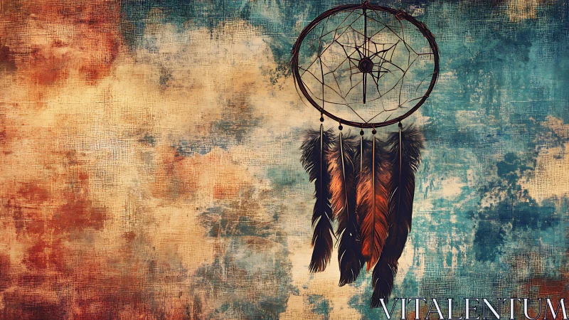 Dreamcatcher with feathers on textured abstract background.