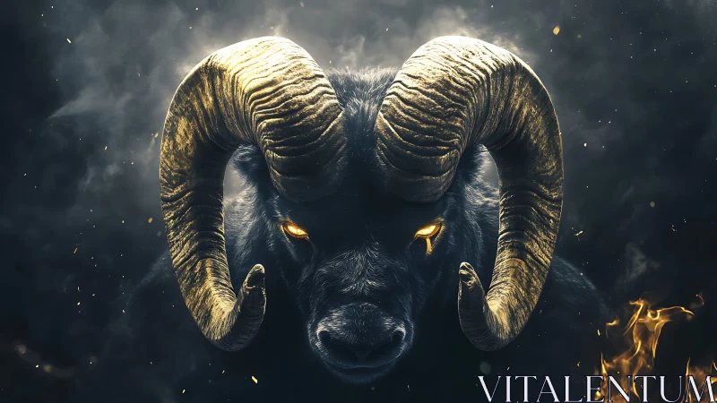 Demonic ram portrait with glowing eyes and smoking horns.