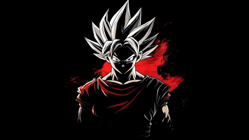 White haired anime warrior in red against black void.