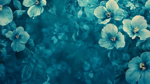 Teal botanical composition with luminous petals and soft depth blur