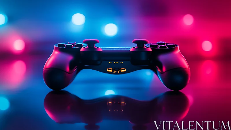 Neon-lit gaming controller on reflective glass surface.