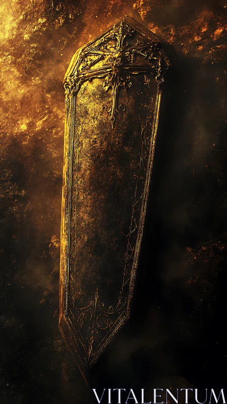 Gilded ornamental coffin rendered in high contrast cinematic lighting