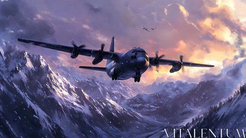 Storm-brushed transport plane carving dusk over icy peaks.