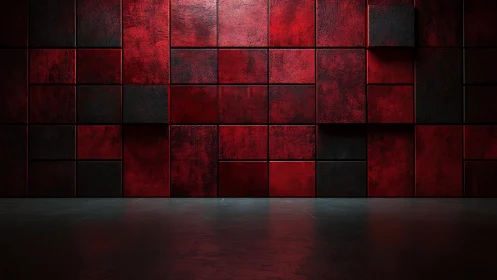 Red modular wall with textured cubic panels forms dramatic grid