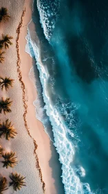Drone view of tropical beach, turquoise sea and waves.