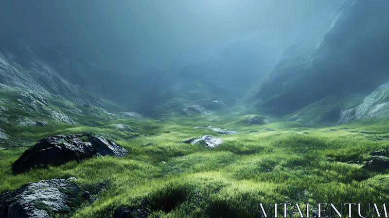 Luminous grass valley under misty mountain slopes.