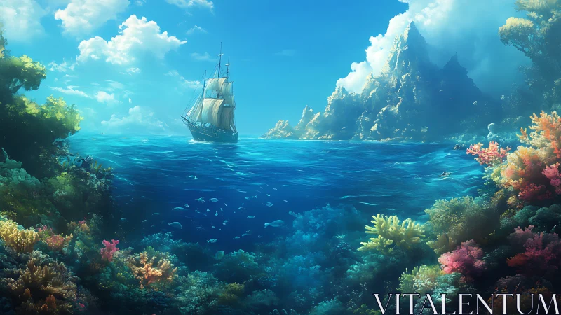 Sunlit coral kingdom beneath a wandering sea ship.