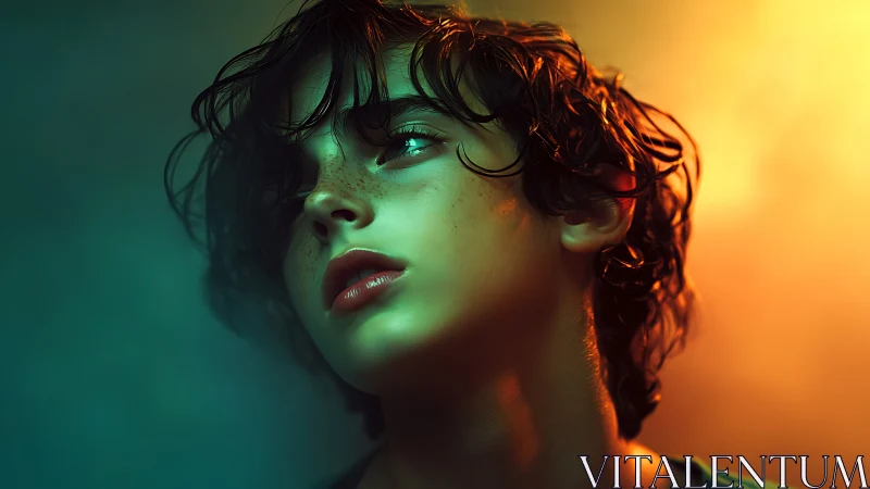 Soft Features Glow Against Chromatic Dual-Tone Background.