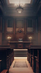 Grand empty courtroom waits under warm, solemn light.