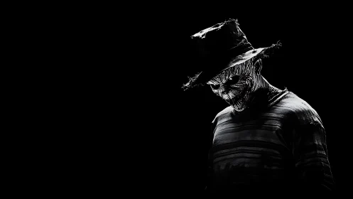 Grotesque masked figure in hat against black background.