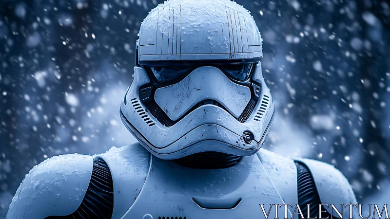 Armored sci fi soldier stands in heavy falling snowstorm