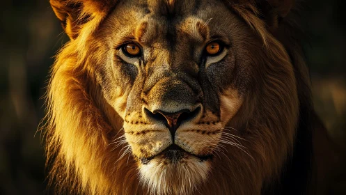 High-contrast lion portrait under directional low-angle rim light