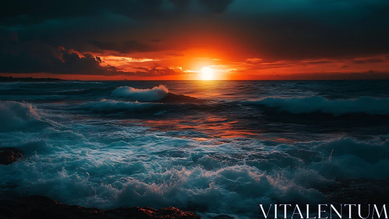 Sunset over ocean waves under dense cloud cover.