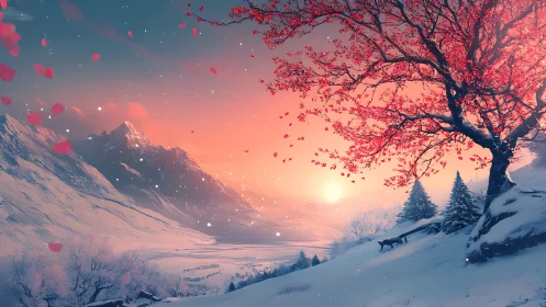 Crimson blossom tree above alpine valley at winter sunrise
