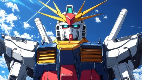 Towering mecha warrior stands beneath a brilliant summer sky