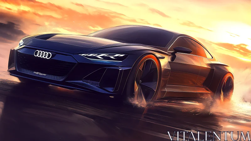 Sunset-lit Audi sports car powers forward with sleek confidence