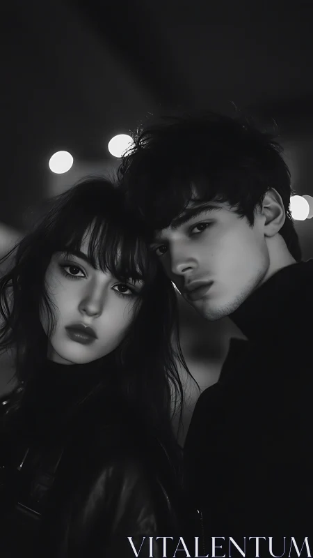 Intimate portrait of two figures in monochrome darkness.