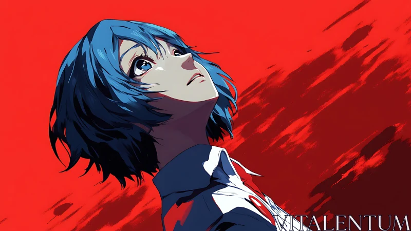 Skyward glance in scarlet storm, blue‑haired anime soul.