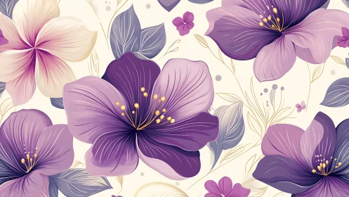Lush Purple Blooms Dance Across Cream Canvas.